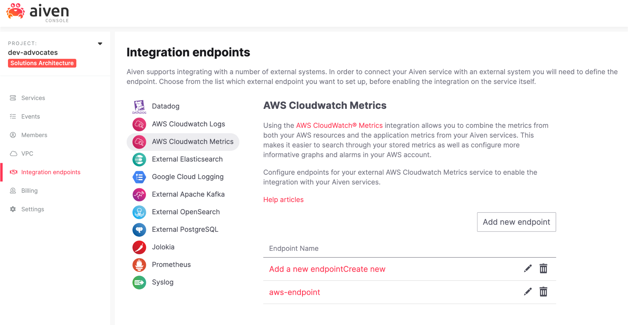 Screenshot of Aiven Integrations