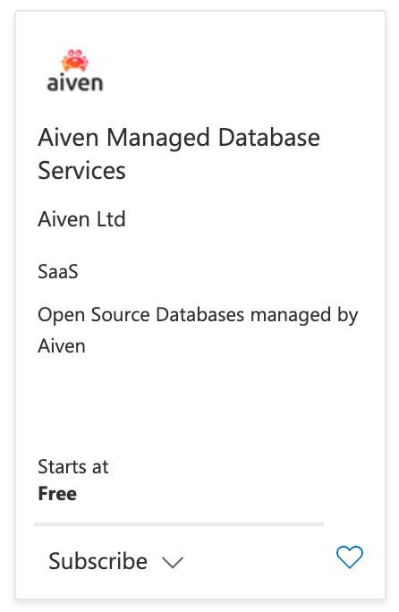 Azure Marketplace listing tile for Aiven Managed Database Services
