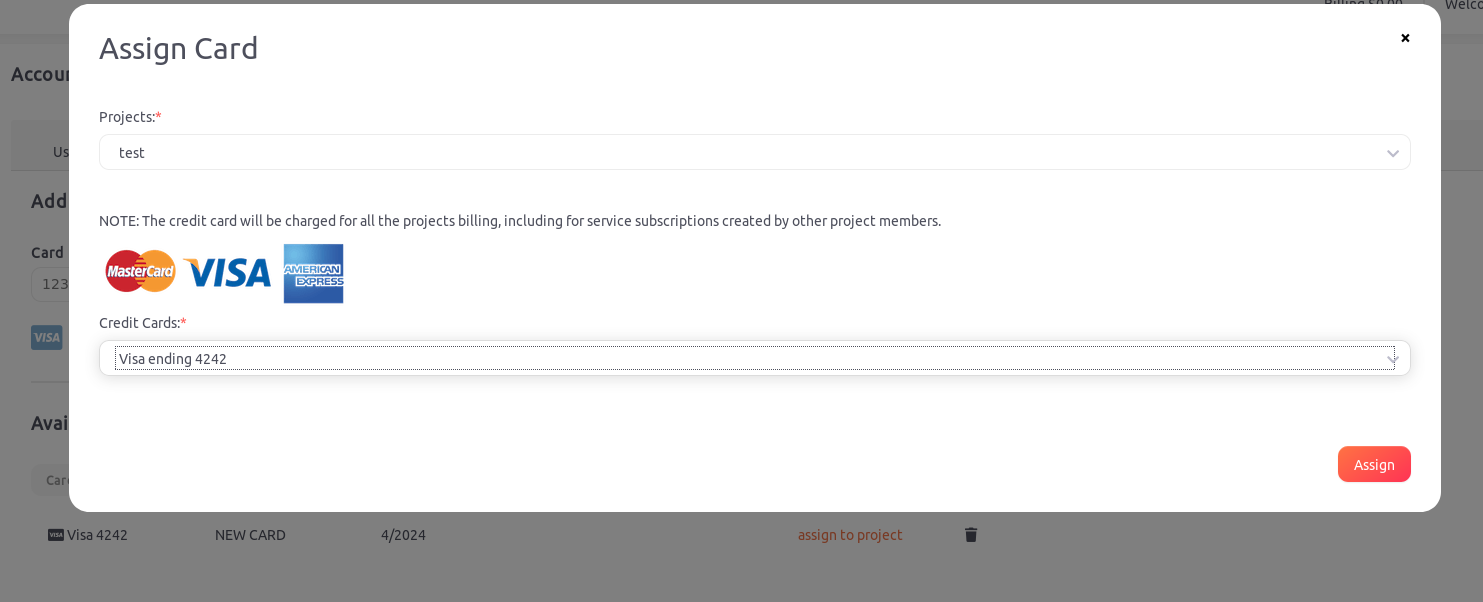 Assign payment card to projects