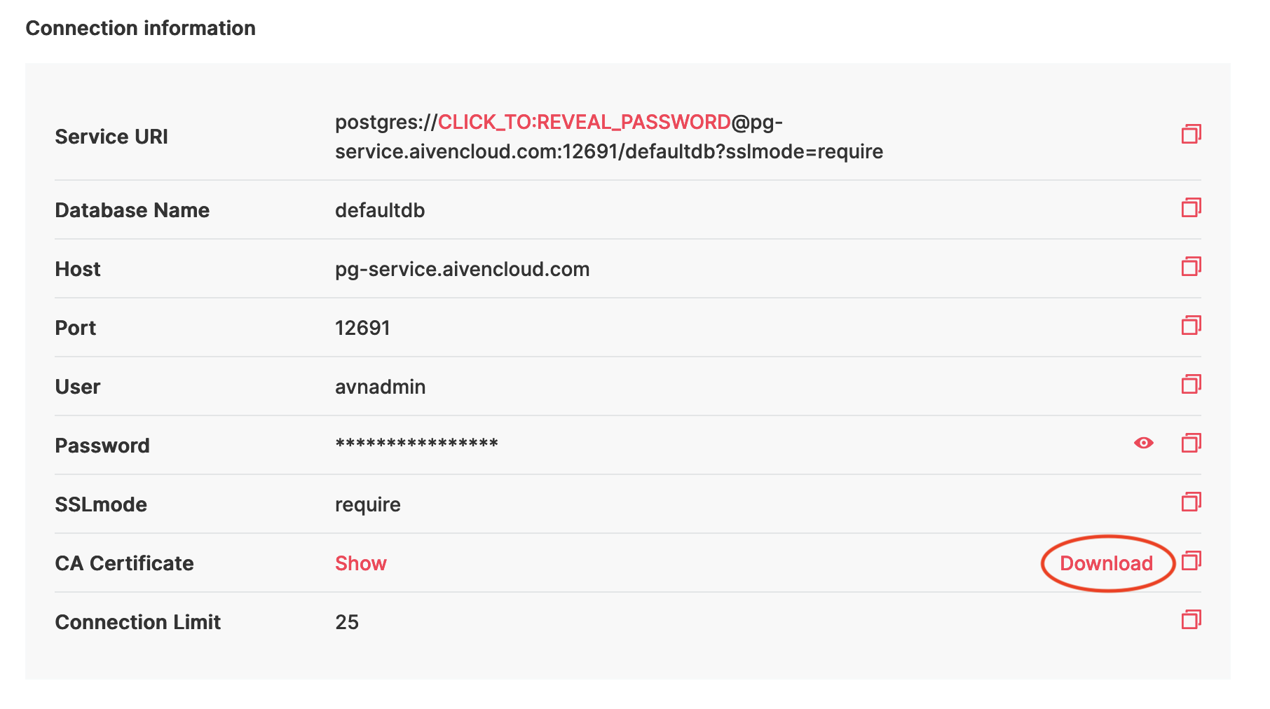 A screenshot of the Aiven web console service page, showing where is the CA certificate download button.