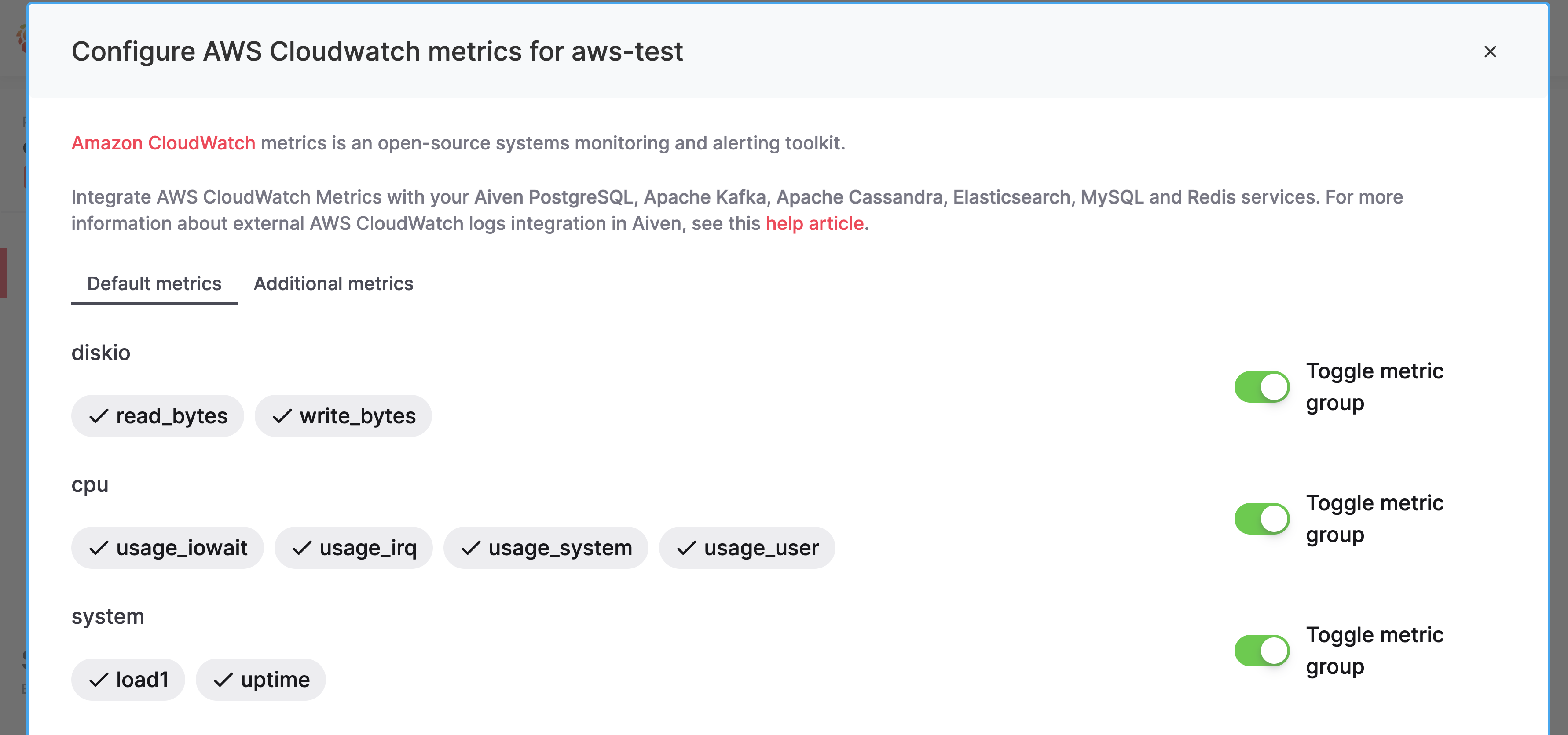 Screenshot of CloudWatch Metrics Aiven list
