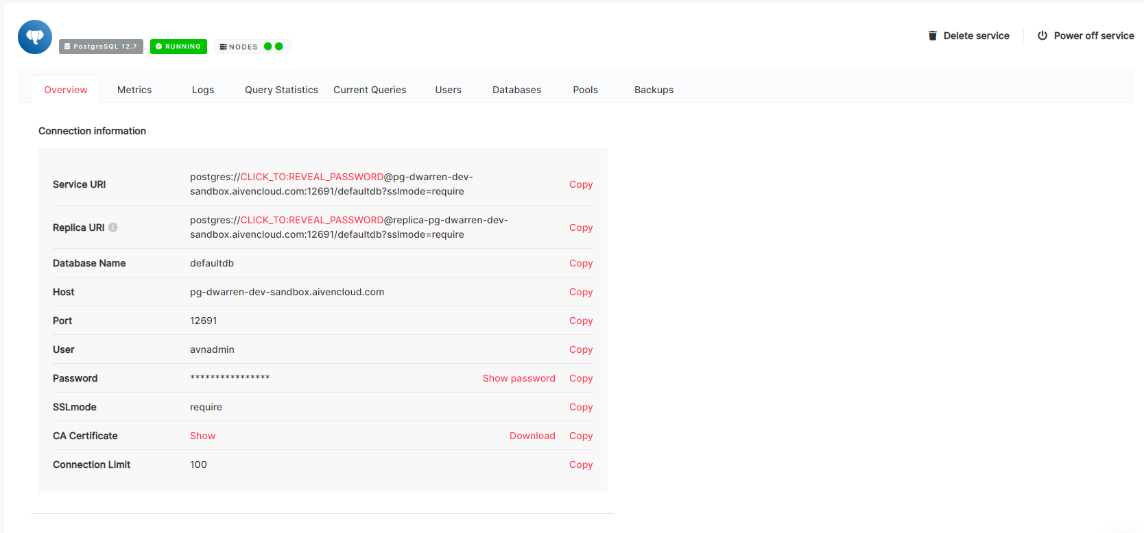 Aiven Console service Overview page