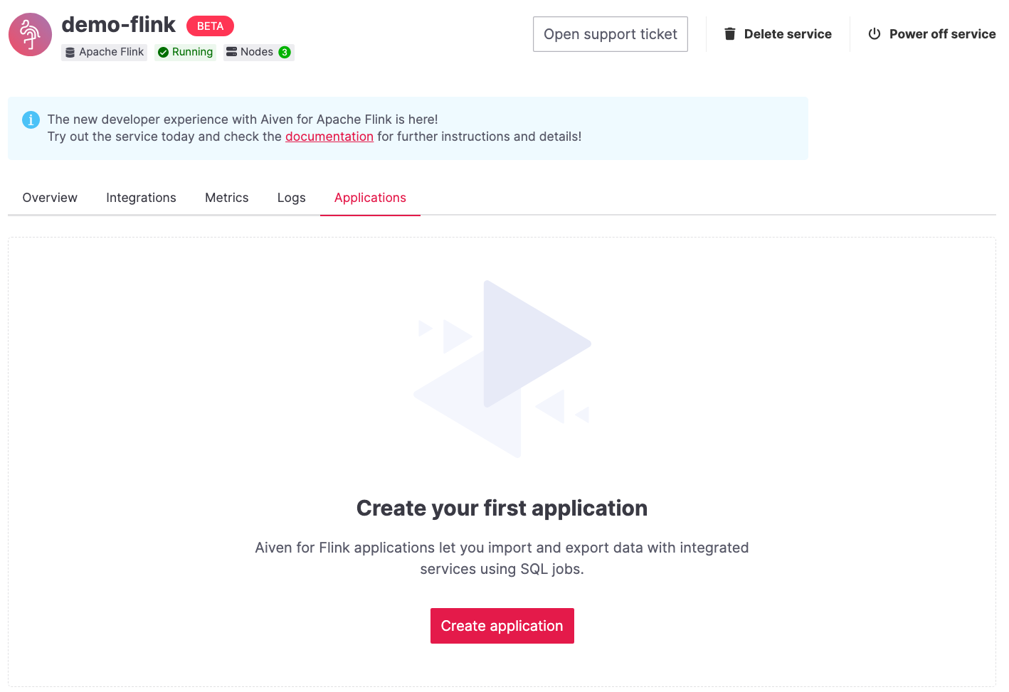 The Apache Flink **Application** tab with the **Create Application** button