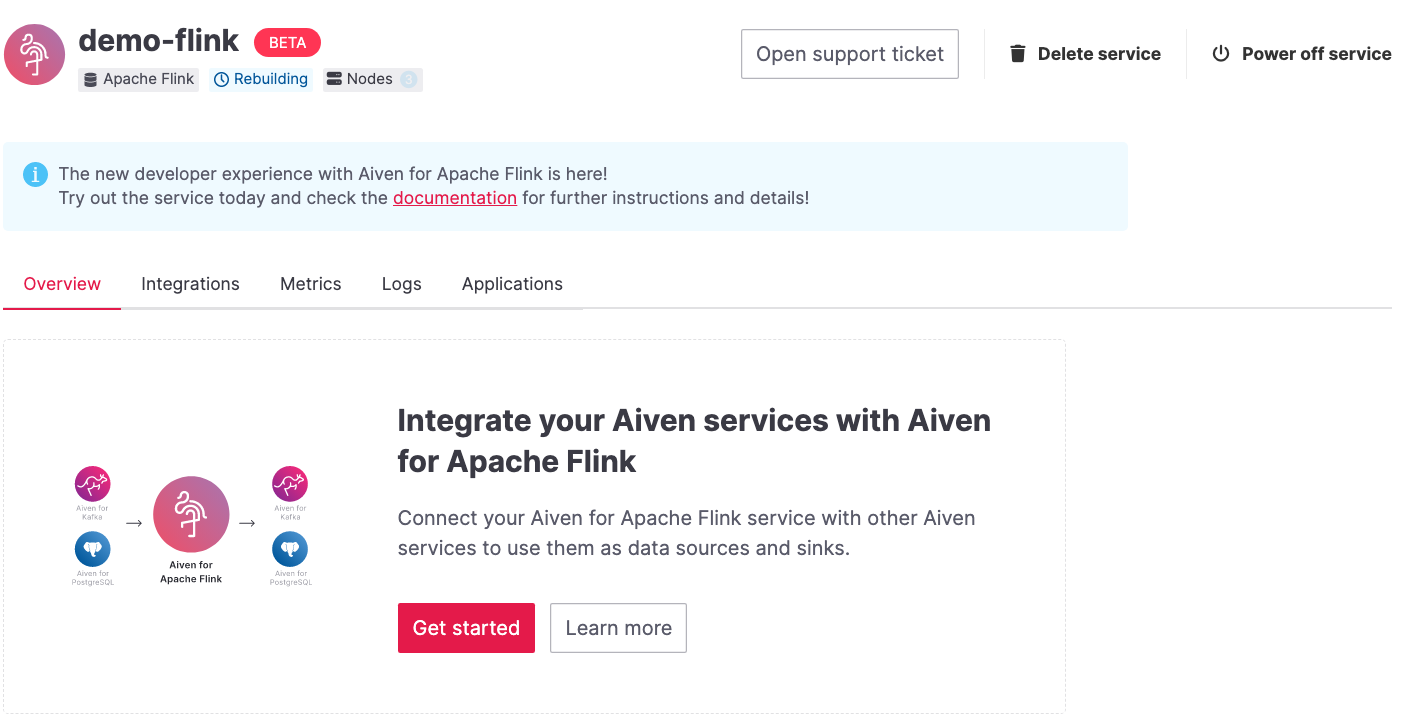 Aiven for Apache Flink Overview tab, showing the **Get started** button