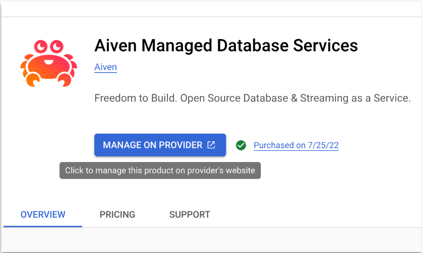 Google Cloud Marketplace page after subscribing, showing the "Manage on provider" button
