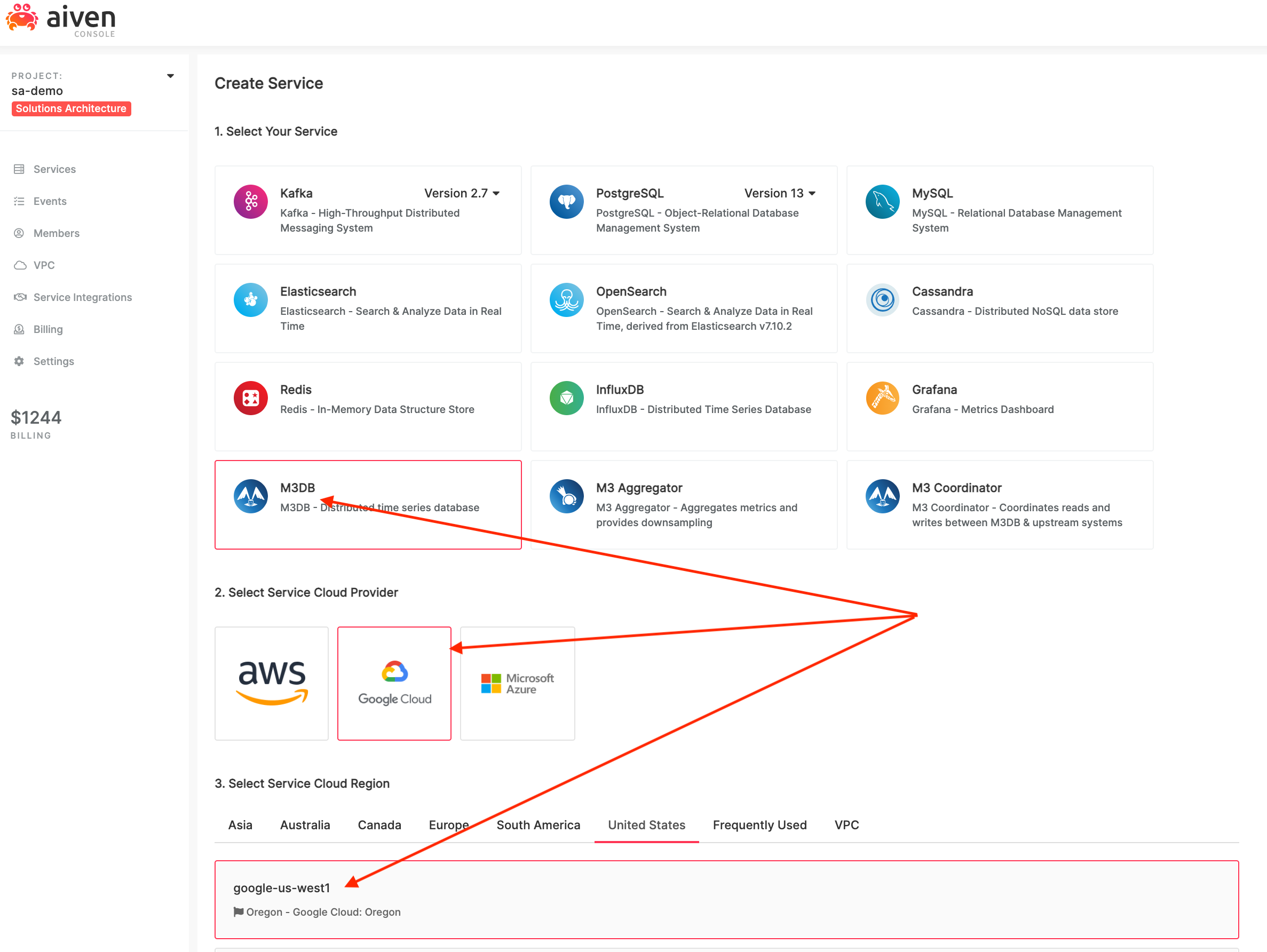 Screenshot creating M3 service