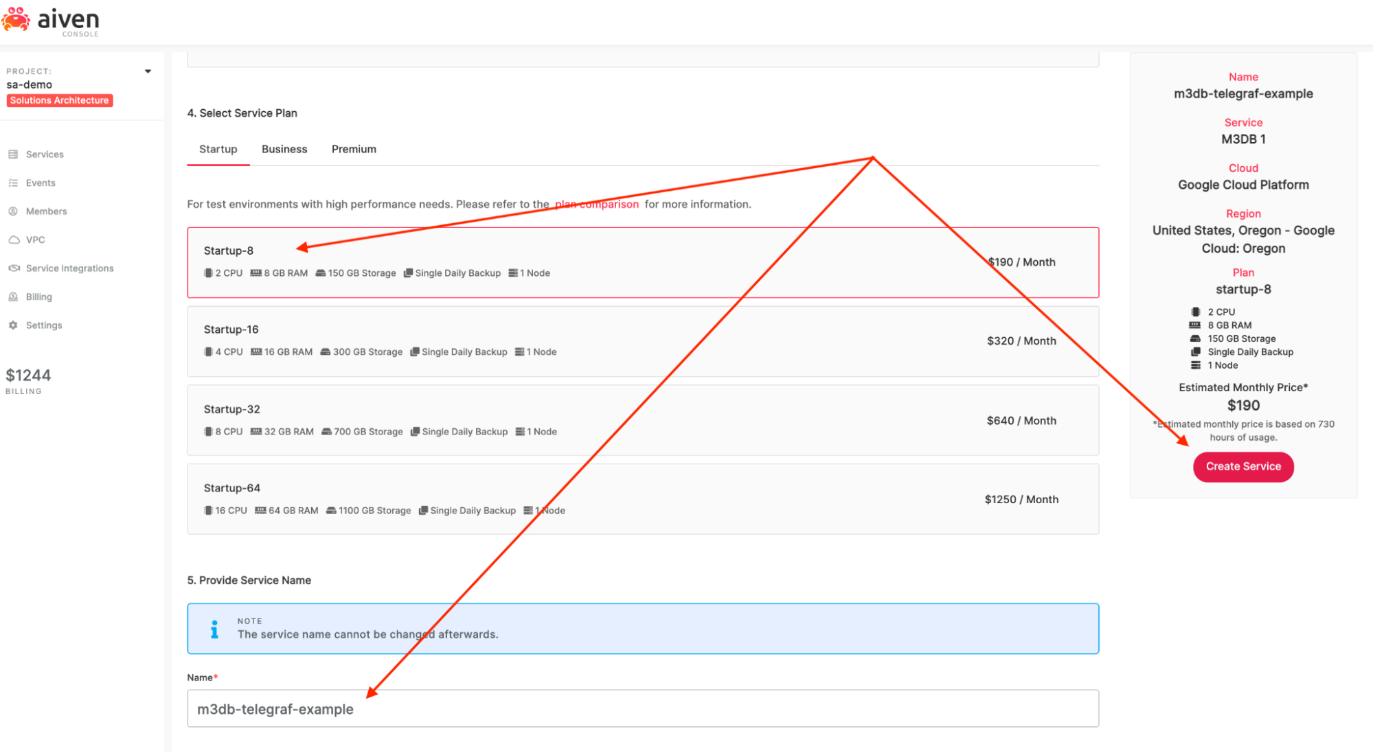 Screenshot creating M3 service