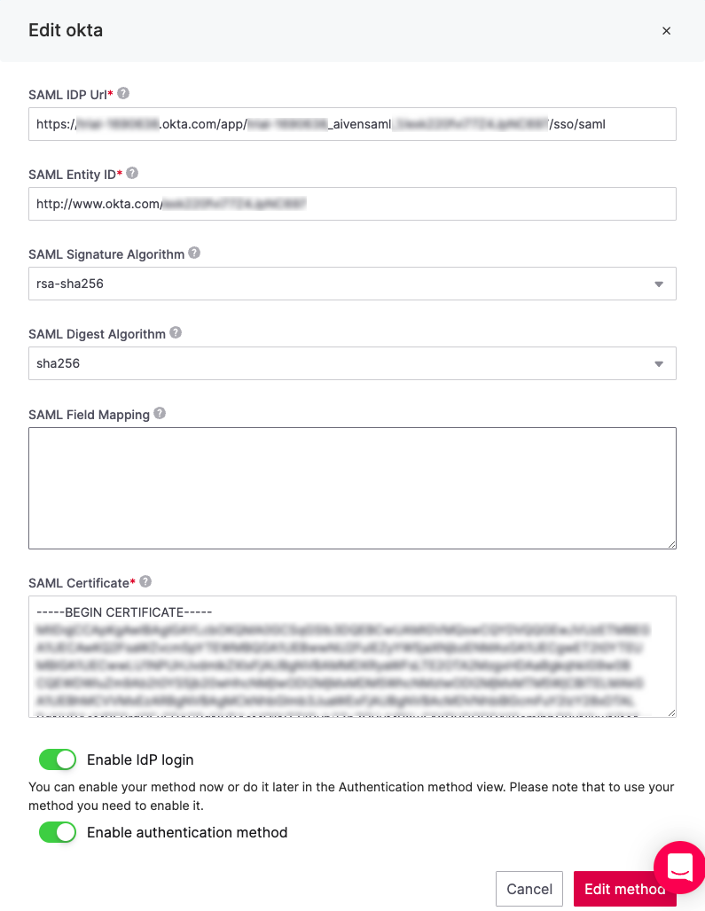 Edit authentication method page in Aiven Console.