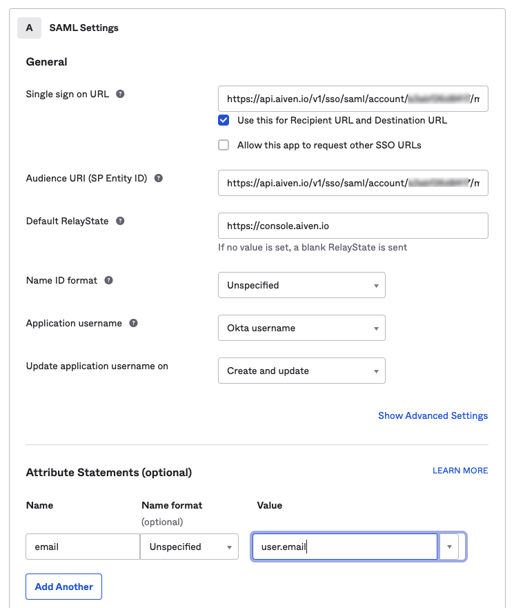 SAML settings in Okta showing the application data.