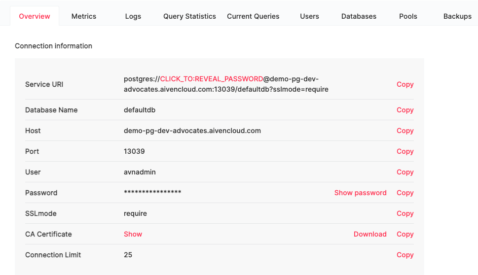 PostgreSQL service overview tab in Aiven's console