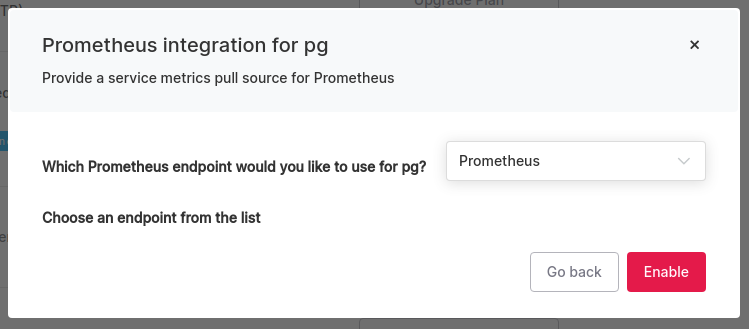 Dialog box to select already configured Prometheus endpoints