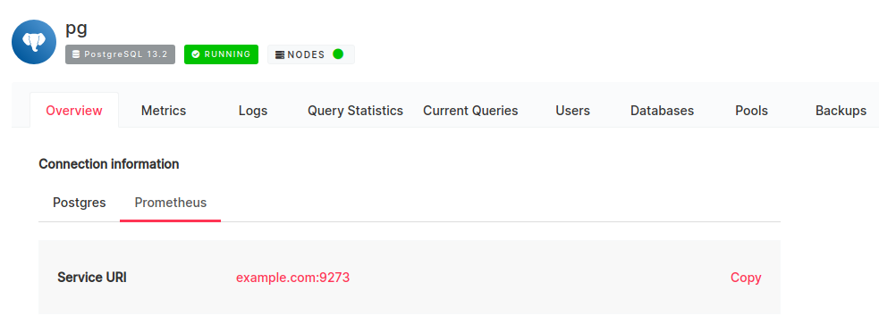 Screenshot of Prometheus connection information in service overview page