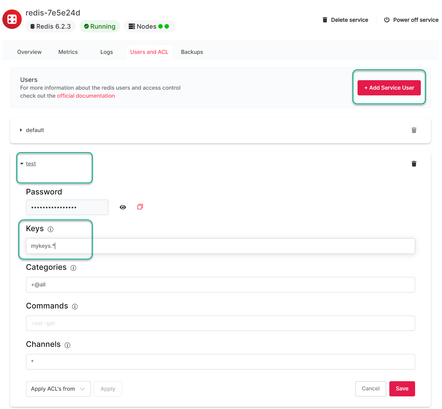Screenshot of the ACL configuration screen