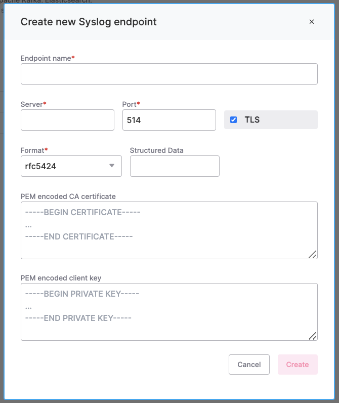"Create new Syslog endpoint" dialog