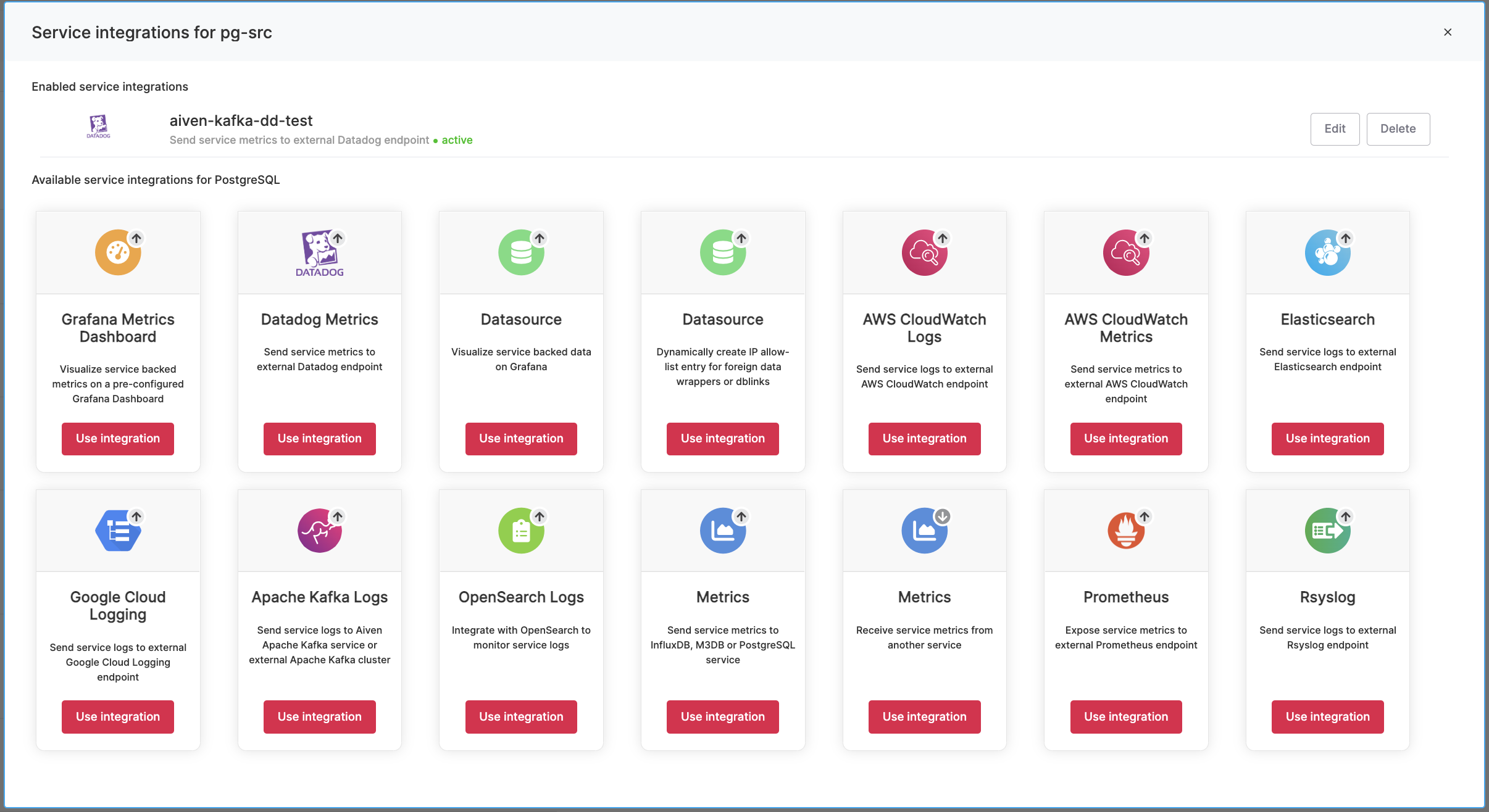 The page that shows the integrations available for a service