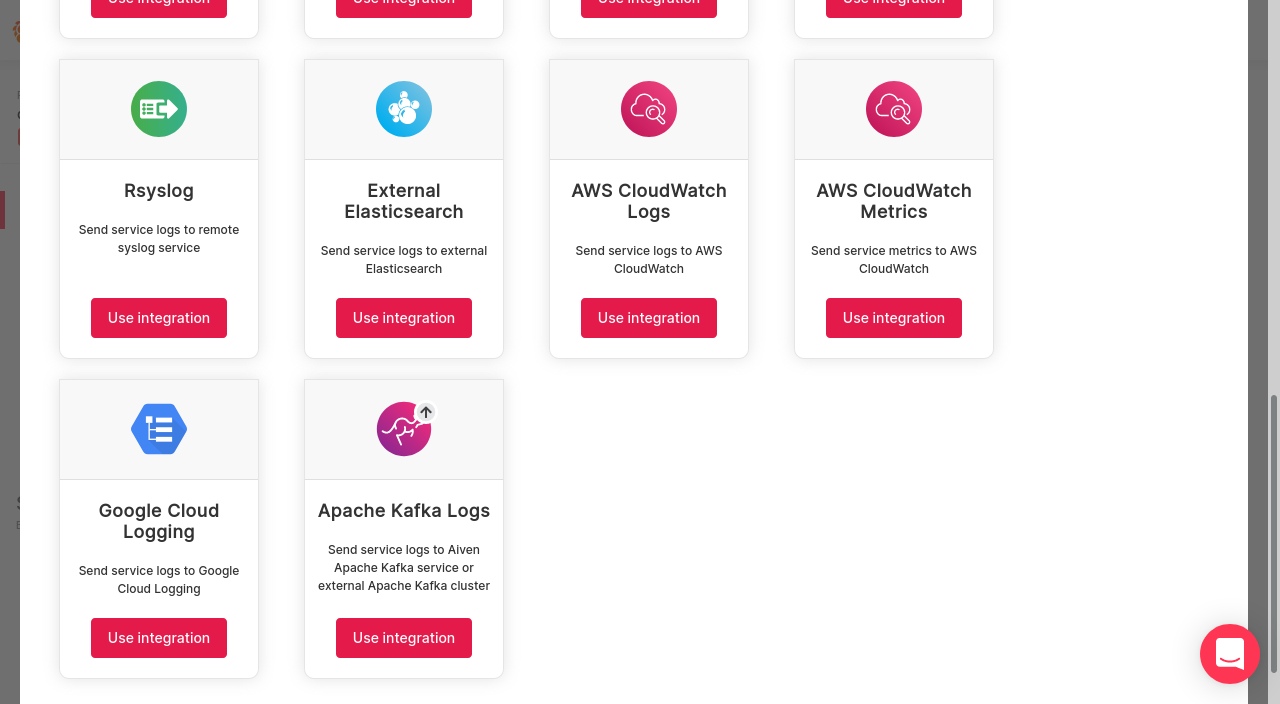 Screenshot of system integrations including rsyslog