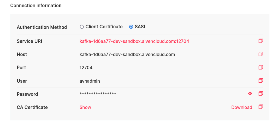Choose between SASL and certificate connection details