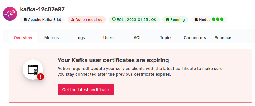 Apache Kafka service user SSL certificate expiring message