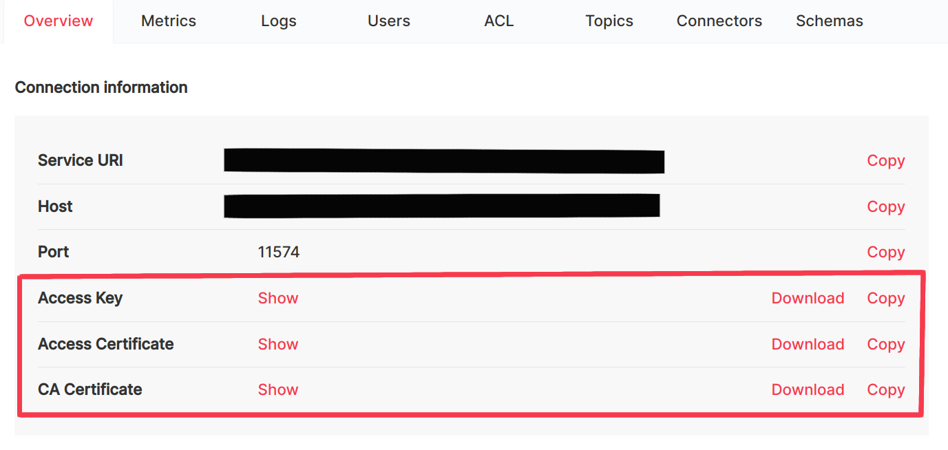 Download the Access Key, Access Certificate and CA Certificate from the Aiven console